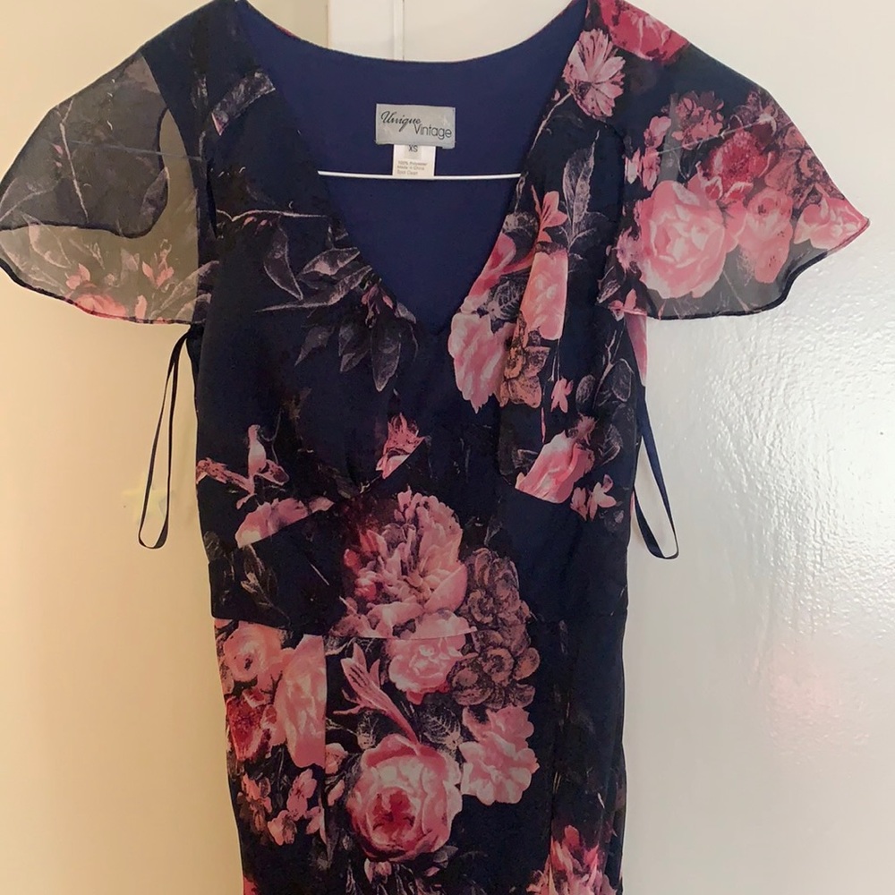 Unique Vintage floral cape sleeve blue 1930s gown